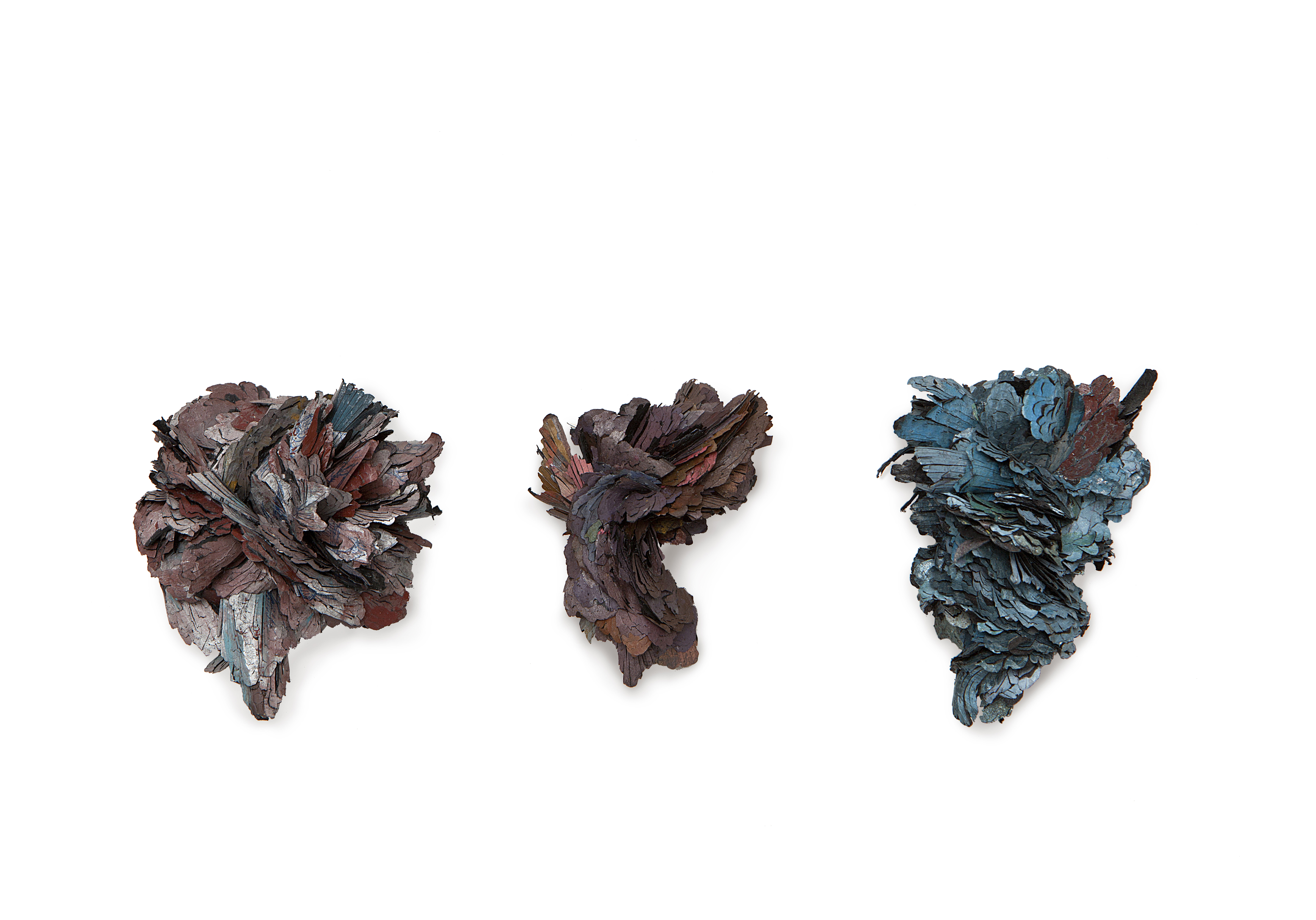 The Free Radicals (part 4,7,3)  | 3 Brooches    |   2013, 2011     |   Treated cellulose, paint, coal, glue, silver, brass, stainless steel       |  105X50X55 mm