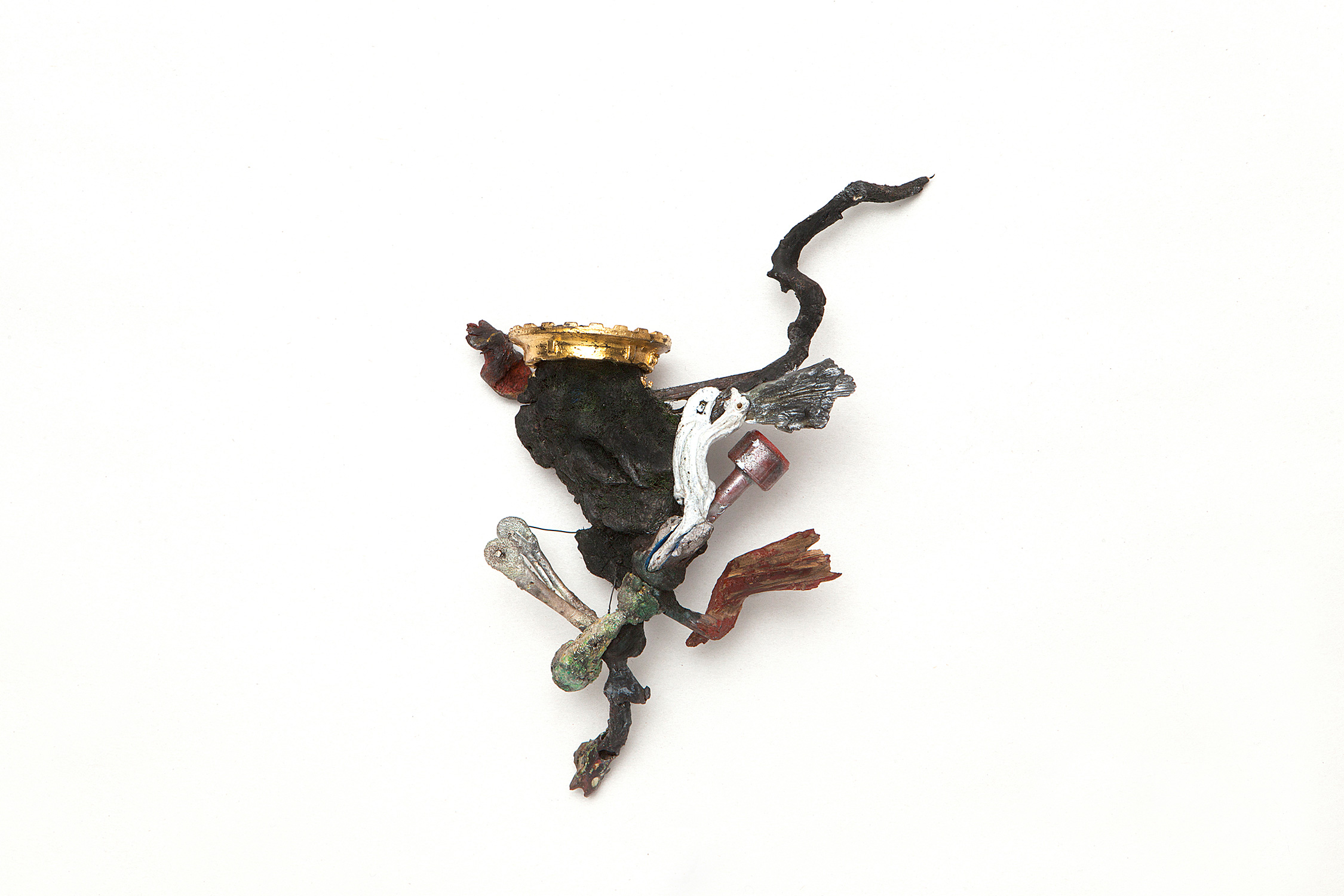 "Incarnation Of Prince Frog" |       Brooch    |   2014     |  Wood, color, silver, iron, plastic, stainless steel, brass, enamel, fish, shibuishi, gold leaf  |    190X130X50 mm