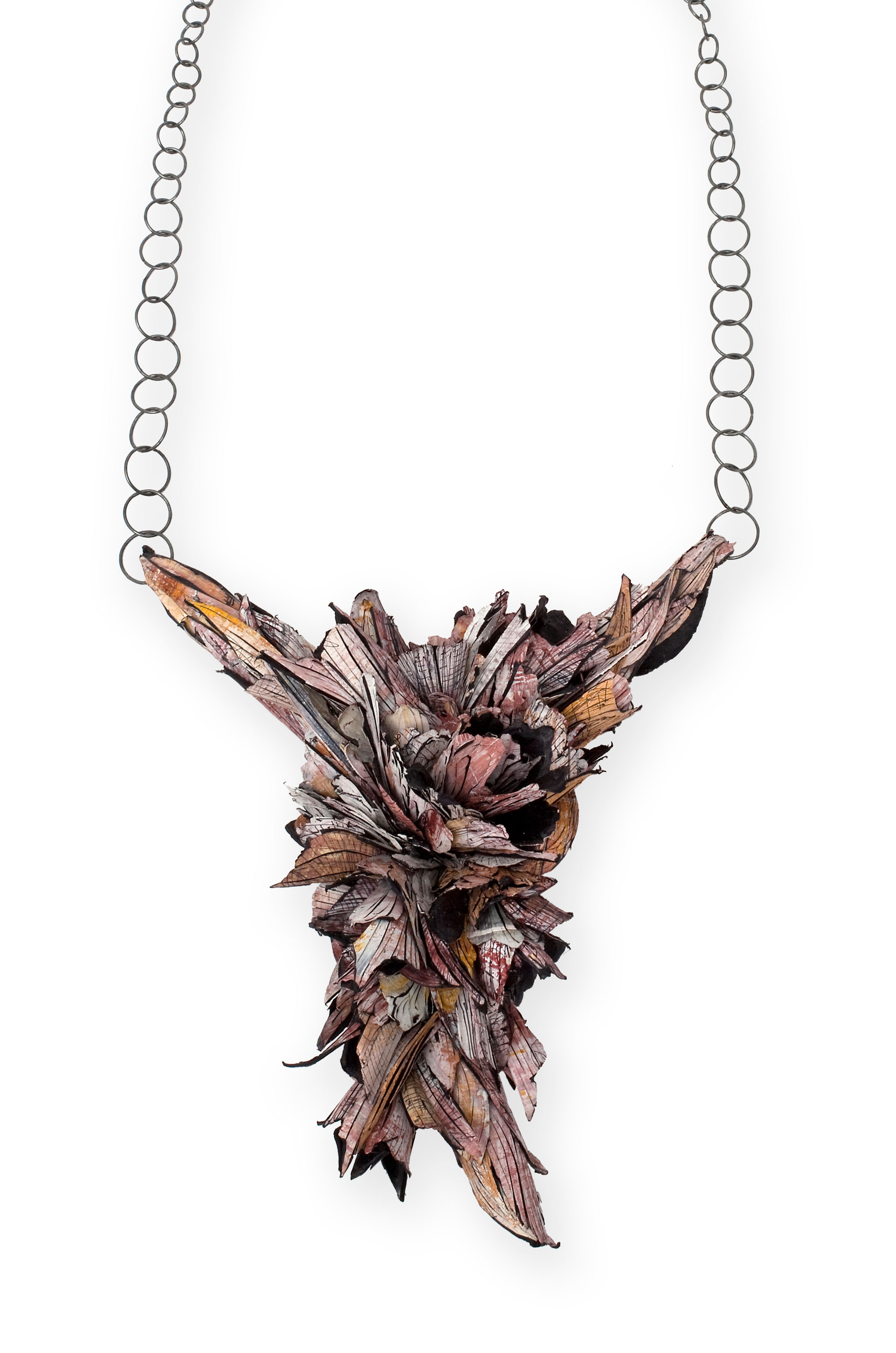 Untitled | Necklace | 2014 | Treated cellulose, coal, paint, glue, silver | 220X170X950 mm