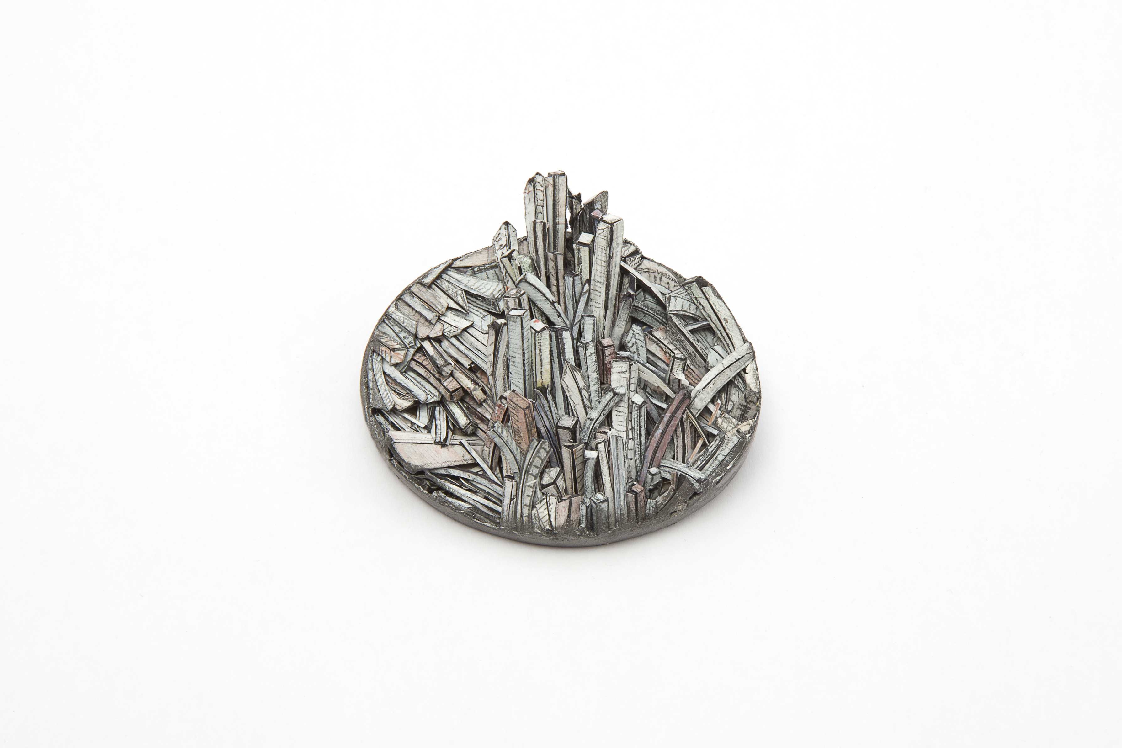 Untitled | Brooch | 2018 | Paper, paint, silver, wood, graphite, stainless steel | 54X52X25mm