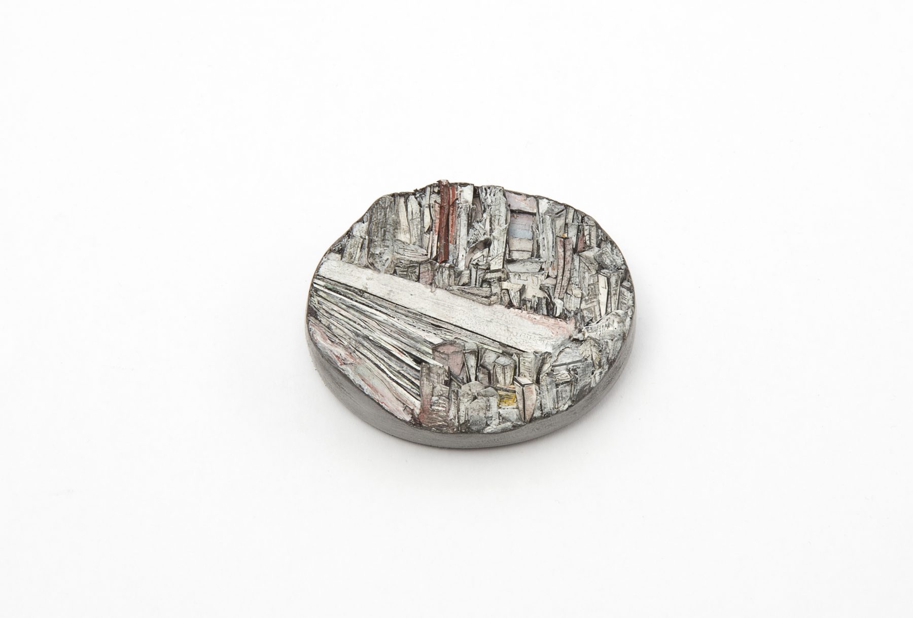 Untitled | Brooch | 2017 | Paper, paint, silver, wood, graphite, stainless steel | 54X42X25mm